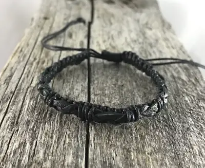 Black Waxed Cotton And Leather Bracelet Anklet Wristband Mens Womens Kids Beach • £3.69