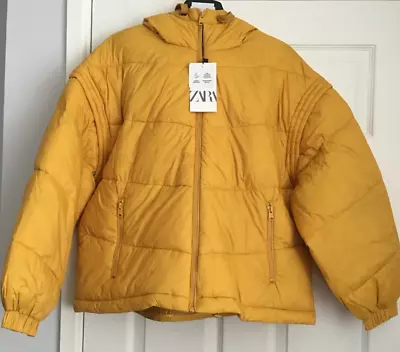 Zara Oversize Mustard Water Repellent Hooded Puffer Jacket Detachable Sleeves M • $31.10