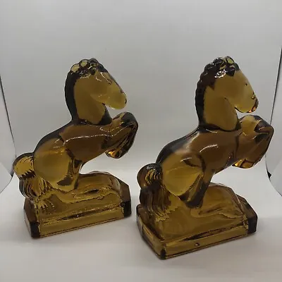 Vintage LE Smith Heavy Amber Glass Rearing Horse Bookends Mid Century Modern MCM • $36.99