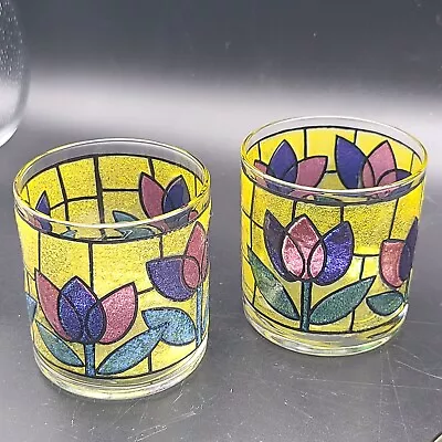 Vintage West Virginia MCM Set (2) Stained Glasses Cups Tulip Design Excellent  • $25