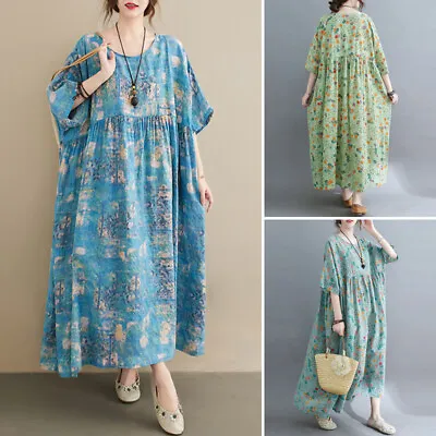 $23.70 • Buy Summer Womnes Short Sleeve O Neck Long Sundress Floral Printed Oversized Dress