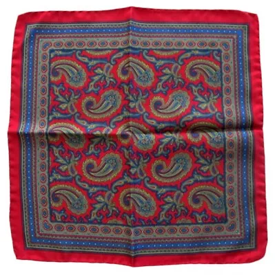 Quality Silk Pocket Square Scarf - Red Teal & Tan Paisley 13  • $18