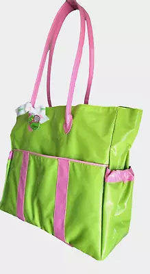 Mud Pie Large Tennis Accessories Bag Racket Tote Lime Green/Pink Faux Leather • $31.16