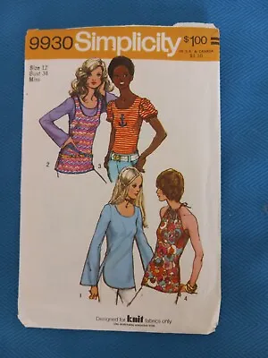 Vtg 1972 Simplicity Printed Pattern #9930  Miss Size 12 Bust 34 Miss Set Of Tops • $4.99