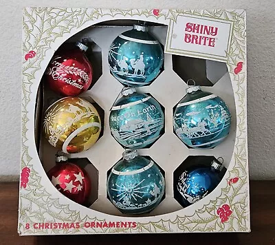 Vintage Shiny Brite Stencil Mercury Glass Christmas Ornaments X8 W/Box.  • $56.95