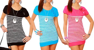 Womens Mini Dress Sailor Style Short Striped  Stretchy Tunic Short Sleeves 3063 • £11.99