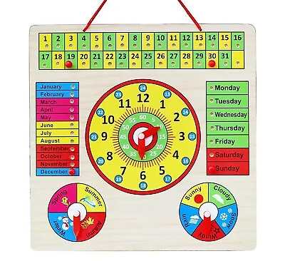 £7.99 • Buy Kids Wooden Teaching Clock Learning To Tell Time Weather Date Party Xmas Gift 