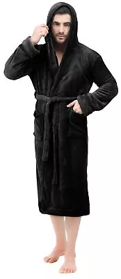 Mens Hooded Fleece Robe - Plush Long Bathrobes Black Small-Medium • $31.16