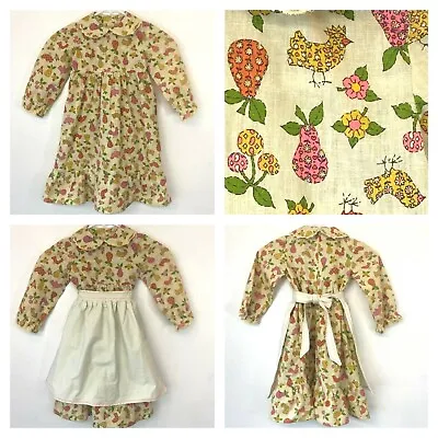 1970s Girls Prairie Dress With Apron Size XS 4? Pear Chicken Cherry Print Vtg KC • $63.99