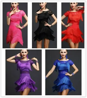 Latin Salsa Dance Dress Cha Cha Tango Ballroom Costume Fringe Rumba Tassels Lace • £41.04