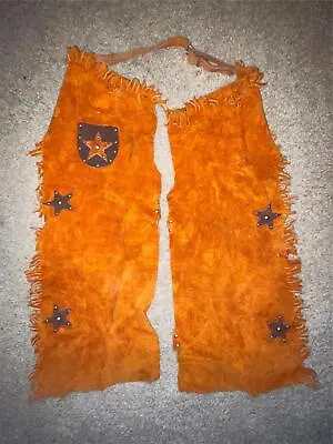 VTG 50s 60s BOYS KIDS BROWN SUEDE LEATHER STARS RIDING STUD FRINGE COSTUME CHAPS • $44