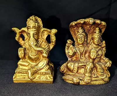 Two Brass Statues 2.5” Ganesha Lord Vishnu & Lakshmi Ji Hinduism India • $35