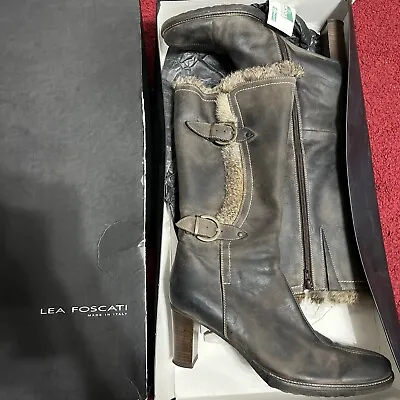 Lea Foscati - Joanne Brown Leather & Fur Trimknee High Heel Boots - UK 8 EU 41 • £16