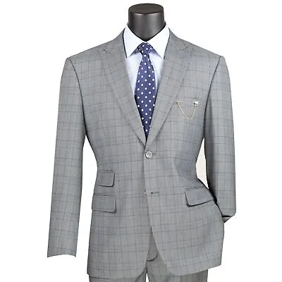 VINCI Men's Light Gray 2 Button Glen Plaid Modern Fit Business Suit NEW • $105