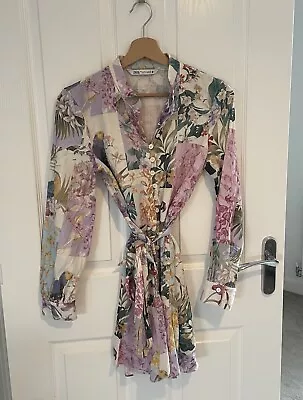 Zara Dress Women Multi Color Tropical Bird Linen Coastal Floral - UK Size S • £16