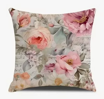 Vintage Roses Peony Floral Music French Linen Throw Pillow Cover Home Decor 18” • $13.56