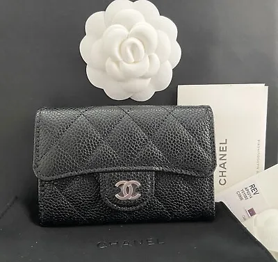 $895 • Buy Authentic Chanel Classic Flap Card Holder Black Caviar With Silver Hardware