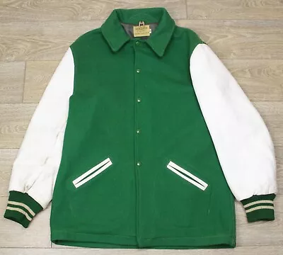 SKOOKUM Vintage Wool Bench Jacket Sz 40 Green White Leather Sleeves EUC 1950s • $54.99