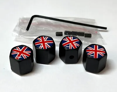 Tyre Valve Dust Caps Locking Black Union Jack UK Seller • £4.25