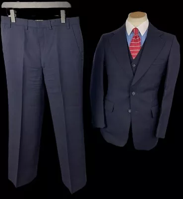 Vintage 70’s 3 Piece Suit 40R / 32S Navy Pure Wool Made In England Wide Lapels • $74.60