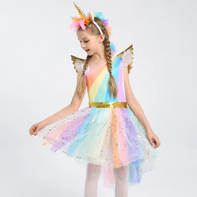 Unicorn Rainbow Girls Dress Sleeveless TUTU Fancy Birthday Dresses Sz: 2-8 Years • $32.95