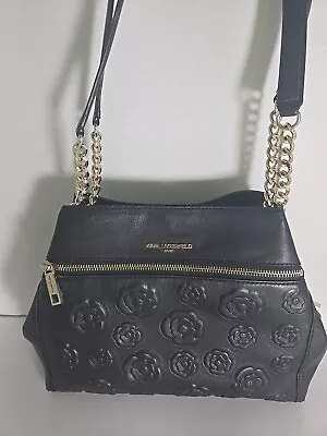 KARL LAGERFELD Paris 100% Leather AGYNESS Black Shoulder  Bag Purse  • $45