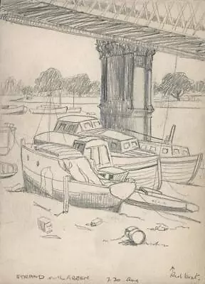 BOATS AT STRAND-ON-THE-GREEN LONDON Pencil Drawing C1950 RIVER THAMES • £30