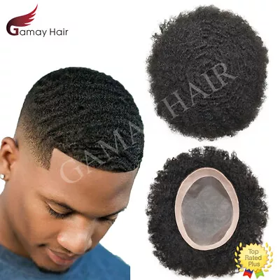 Mens Toupee Afro Curly Human Hair System Replacement Monofilament Wig For Men US • $189