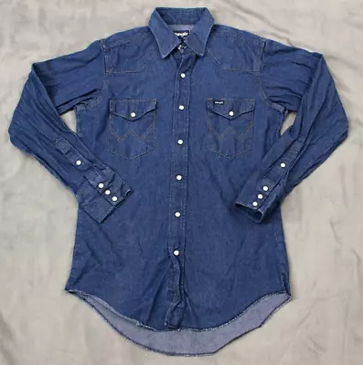 Vintage Wrangler Mens Size 15-33 Blue Denim Pearl Snap Long Sleeve Western Shirt • $29.99