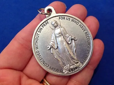 Large VIRGIN MARY MIRACULOUS Devotion Medal 1-3/4  Saint Medal Italy Twin Hearts • $18.56