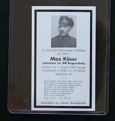 WWII German Sterbebild Death Card Max Käser DRB Railway Official August 1 1943 • $31