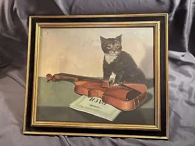 Whimsical Vintage Original Oil On Canvas Painting Of A Cat W/ Violin • $249.50