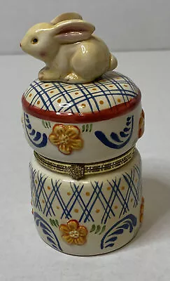 Ceramic Bunny Rabbit  With Flowers Trinket Box Red Orange And Blue - Used • $12.99