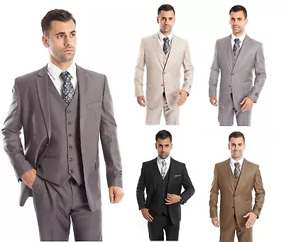 Men's Three Piece Vested Suit Modern Fit Two Button Formal Solid Dress Suits Set • $134.95