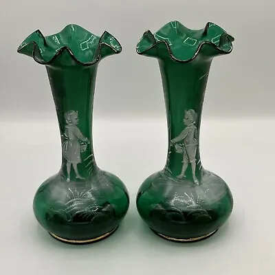 MARY GREGORY Green Vase. Girl Vase Flower And Boy Vase Blown Glass W/Ruffled Top • $39