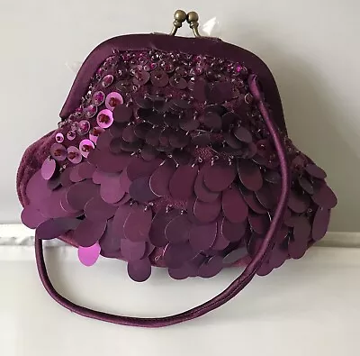 ACCESSORIZE Purple Velvel Sequin Small Clutch Party Prom Bag  14cm H X 18 Cm W • £5