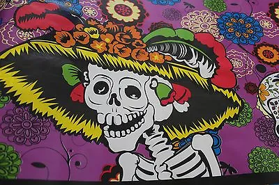  Day Of The Dead  Skeletons Mexican Multicolored Oilcloth PVC Tablecloth Purple • $14.95