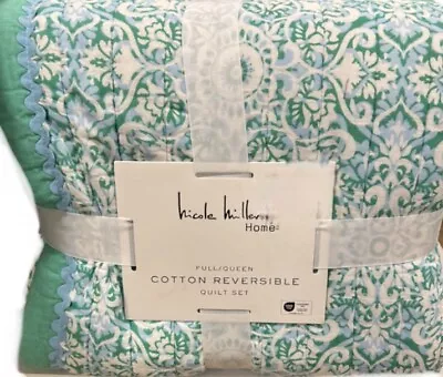 Nicole Miller Green Blue And White Full/Queen Quilt Set 88”x92” • $169