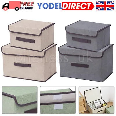 2 4 Foldable Canvas Storage Folding Box Fabric Clothes Basket With Lid Organiser • £8.09