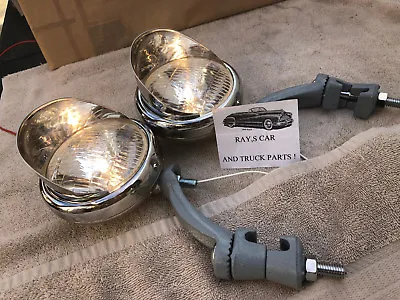 Pair 6 Volt Small Vintage Style Fog Lights / Visors And Gray Brackets ! • $130.99