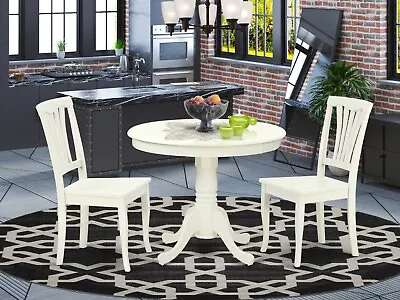 3pc Antique Kitchen Dinette Set 36  Round Pedestal Table + 2 Chairs Linen White • $399