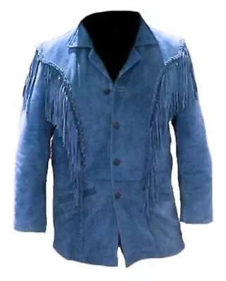 Mens Native American Leather Jacket Top Western Suede Cowboy Fringe Blue Jacket • $119.99