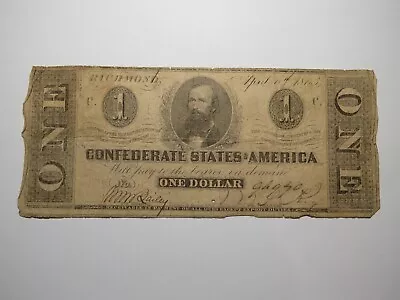 $1 1863 Richmond Virginia VA Confederate Currency Bank Note Bill RARE T62 VG • $56.99