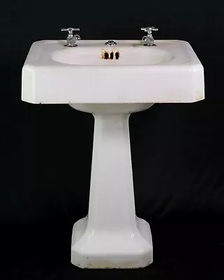 Enameled Cast Iron Art Deco Pedestal Sink With Dual Faucets • $320