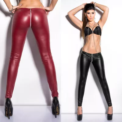 Leather Look Leggings Full Crotch Zip KouCla - Red Black • £24.95