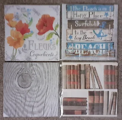 £4.99 • Buy 4 X Packs Of 4 Decoupage Napkins. Floral, Wood Effect, Beach And Books.