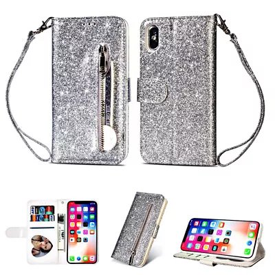 Glitter Flip Holder Card Wallet Stand With Strap PU Leather Case Cover For Phone • $8.27