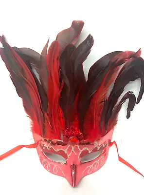 (RED) Metallic Mardi Gras LONG FEATHERED Plastic Glitter MASK (CLOSEOUT) • $2.06