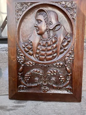 £58 • Buy A Stunning Detailed Early Hand Carved Oak Lady Pictorial Panel.
