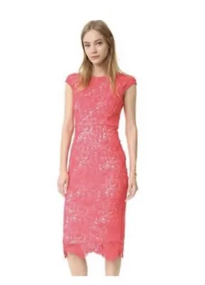 Shoshanna Elodie Coral Lace Midi Dress 2 Classic Elegant Wedding Guest Two Tones • $59.87